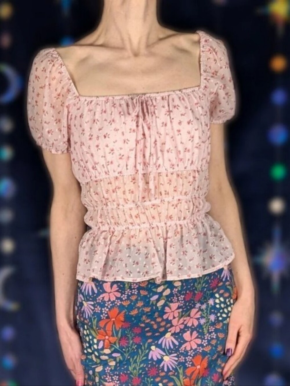 Pink Floral Puff Sleeve Sheer Smocked Top
